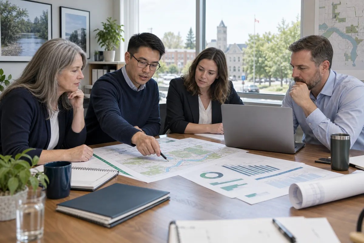 A municipal project team reviewing a climate finance plan